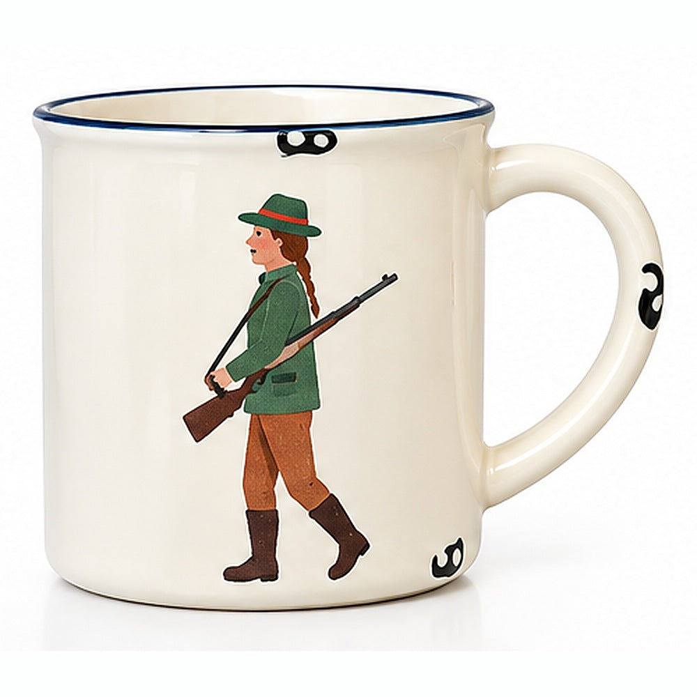 Becher Jägerin mit Gewehr, Emaille-Look