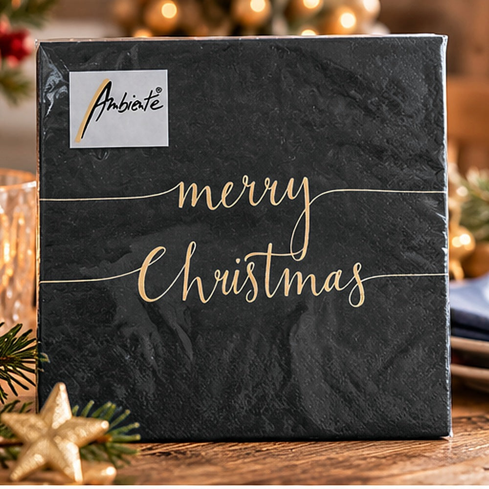 Servietten Merry Christmas schwarz mit goldener Schrift, 20 Stück