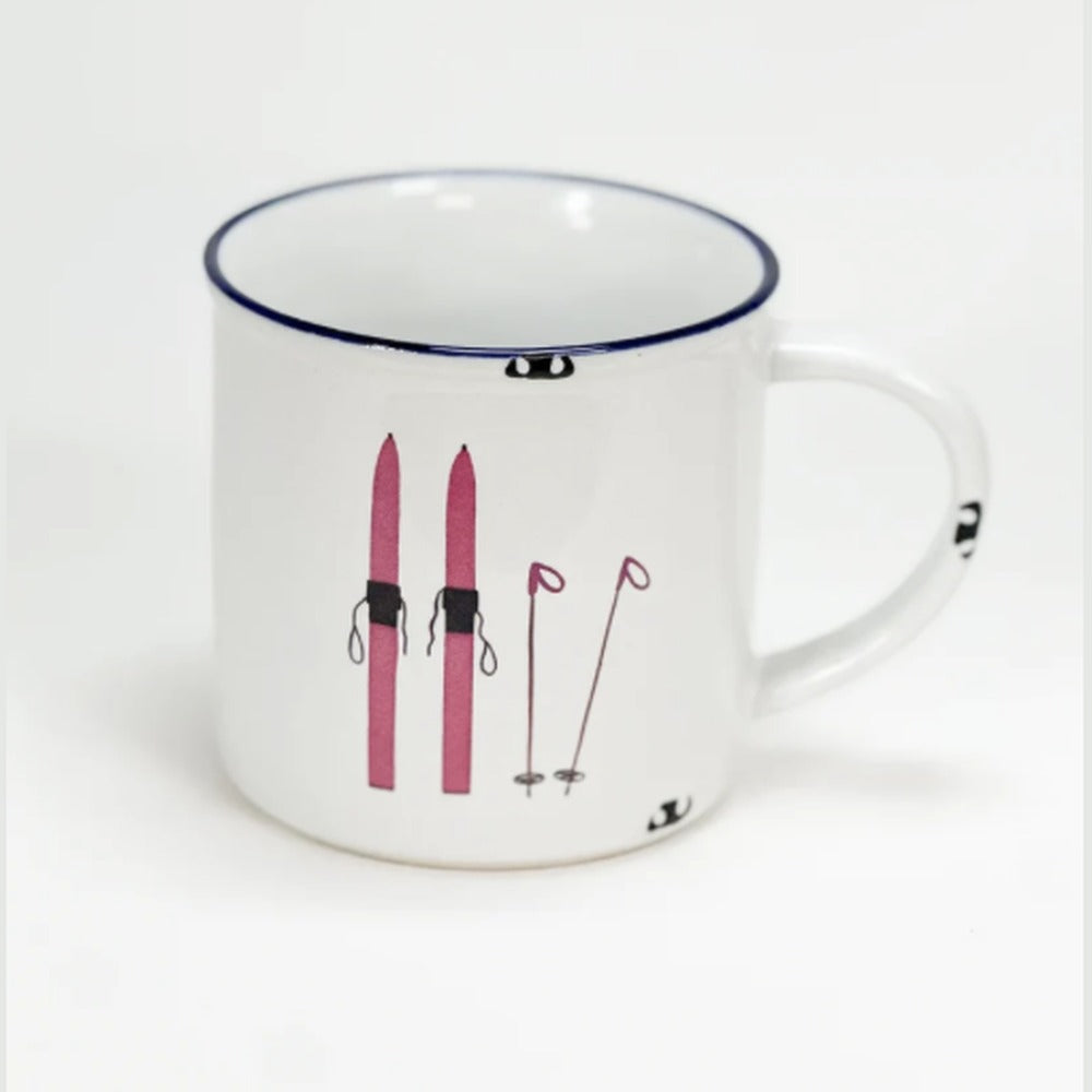 Tasse Skier rosa: weiße Emaille-Tasse mit rosa Skiern und Skistöcken