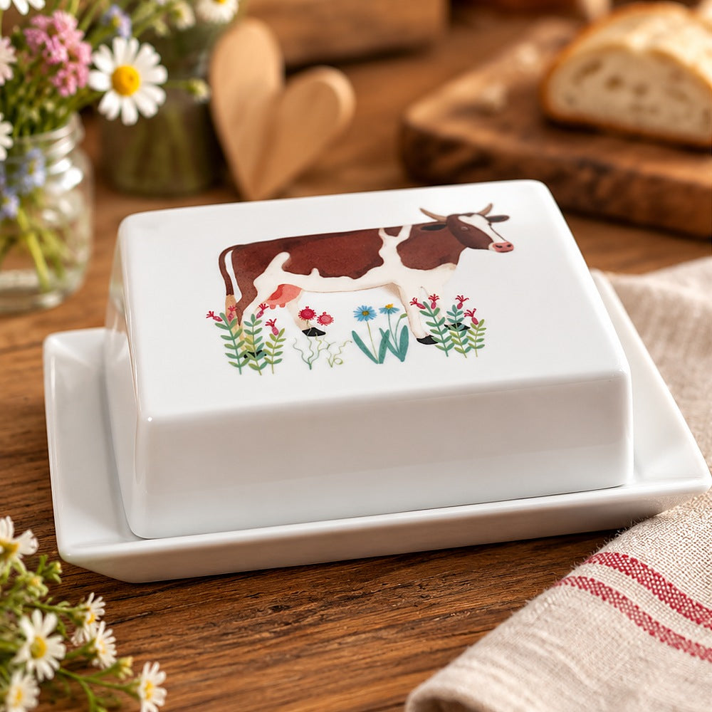 Butterdose Kuh auf der Blumenwiese