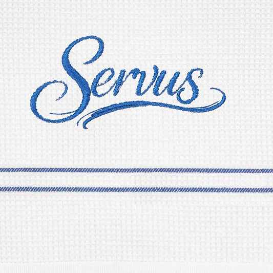 Geschirrtuch Servus mit blauer Stickerei