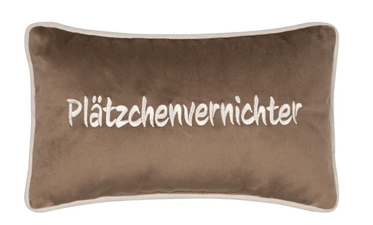 Kissen petite Plätzchenvernichter: braunes Velours-Kissen mit Stickerei