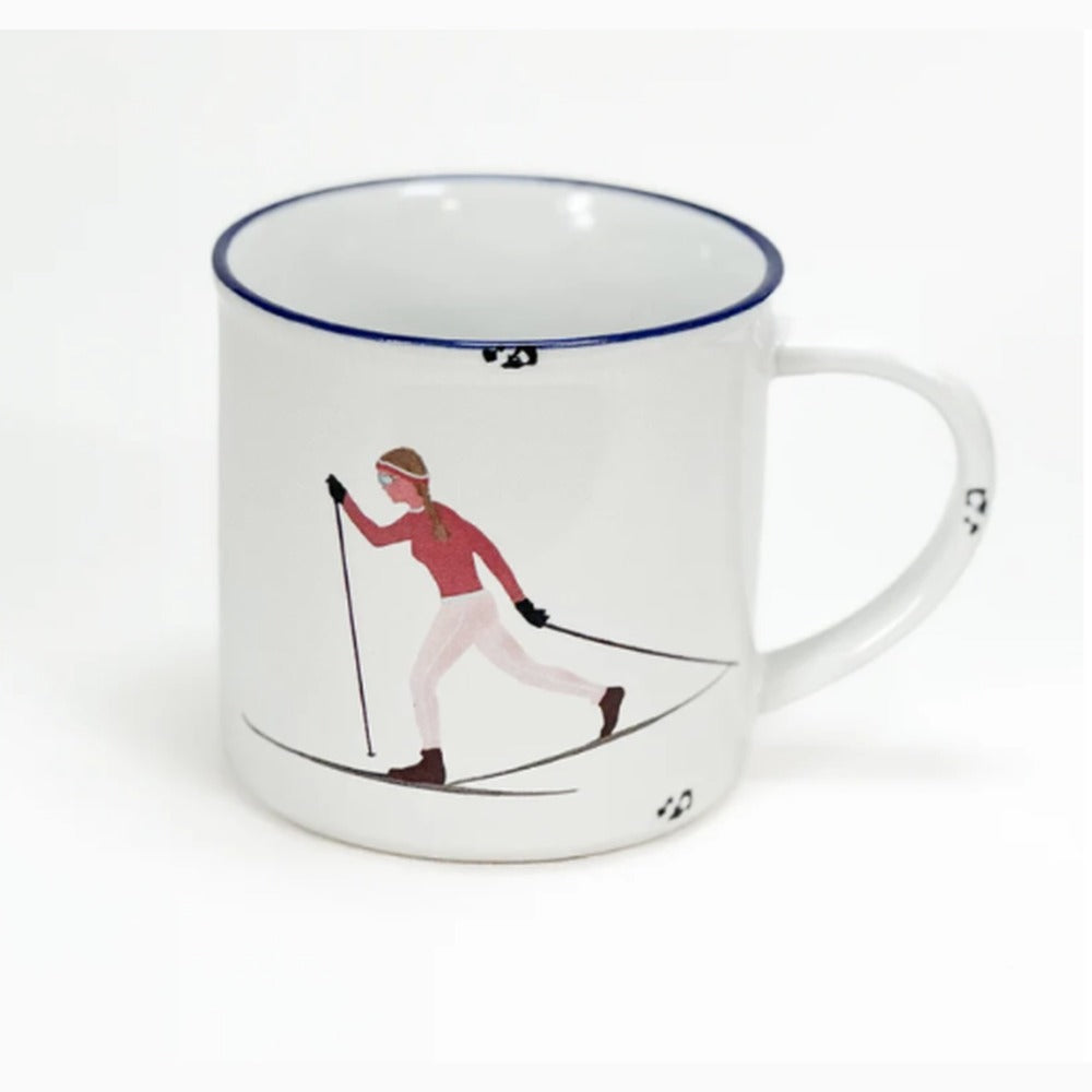Tasse Langläuferin: weiße Emaille-Tasse mit Langläuferin in rotem Oberteil