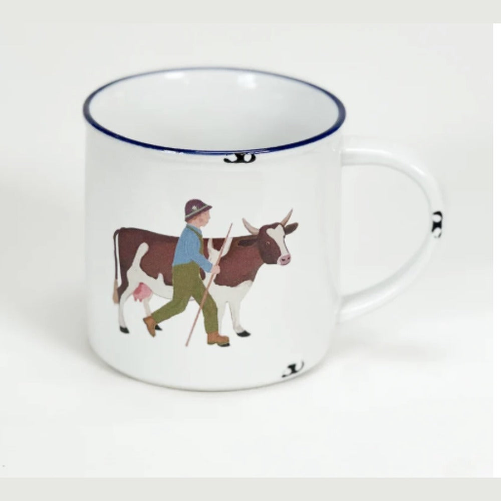 Tasse Senner: weiße Emaille-Tasse mit Senner in Hut und blauem Hemd mit brauner Kuh