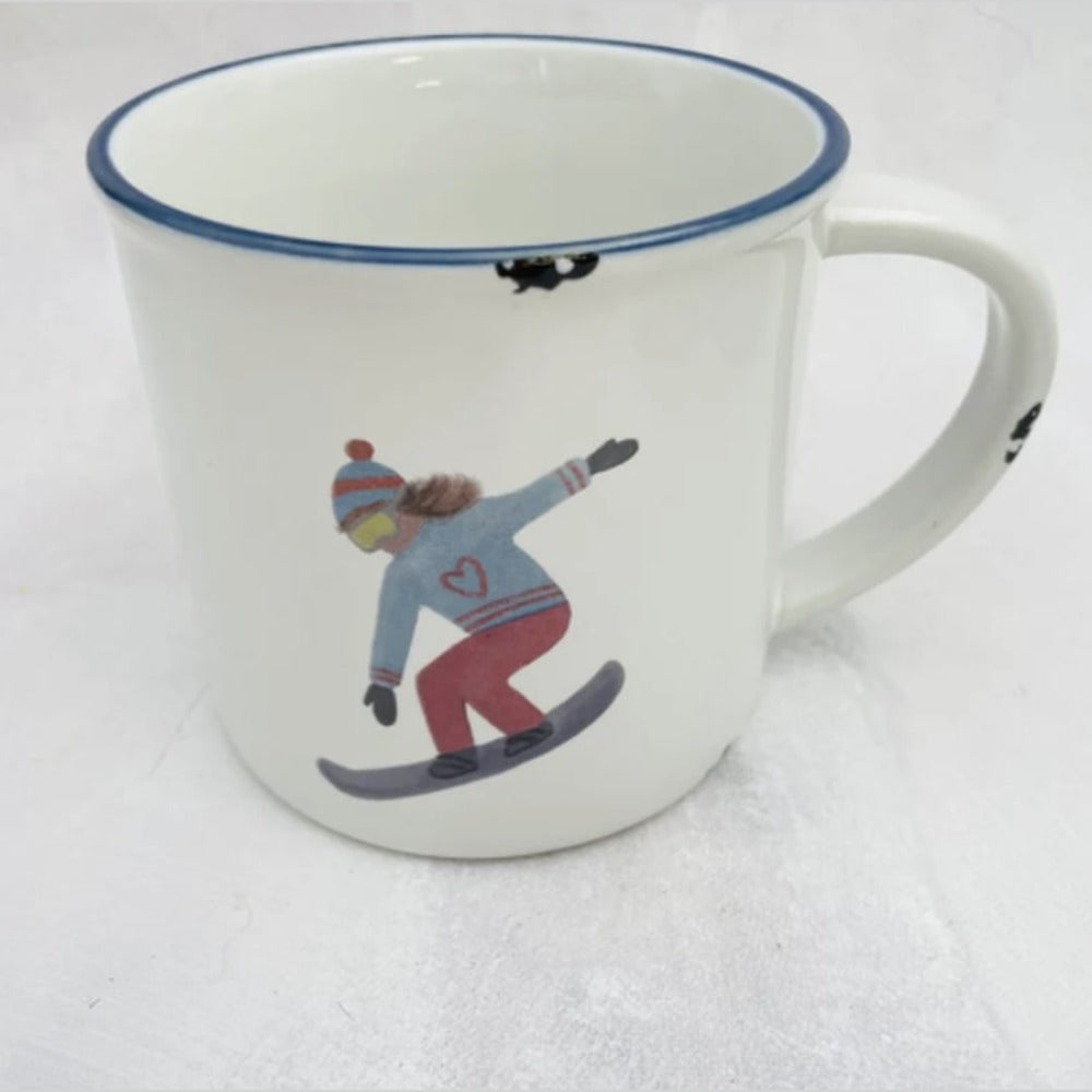 Tasse Snowboarderin: weiße Emaille-Tasse mit Snowboarderin mit Herz auf dem Pulli