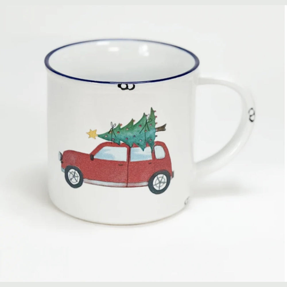 Tasse Weihnachtsauto: weiße Emaille-Tasse mit rotem Auto und Christbaum auf dem Dach