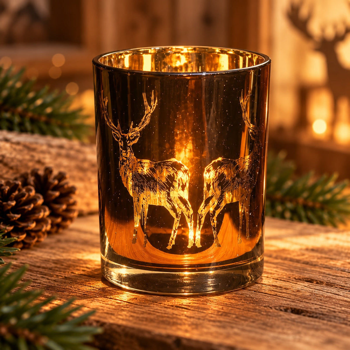 Alpines Teelicht Bronze-Gold mit Hirschmotiv